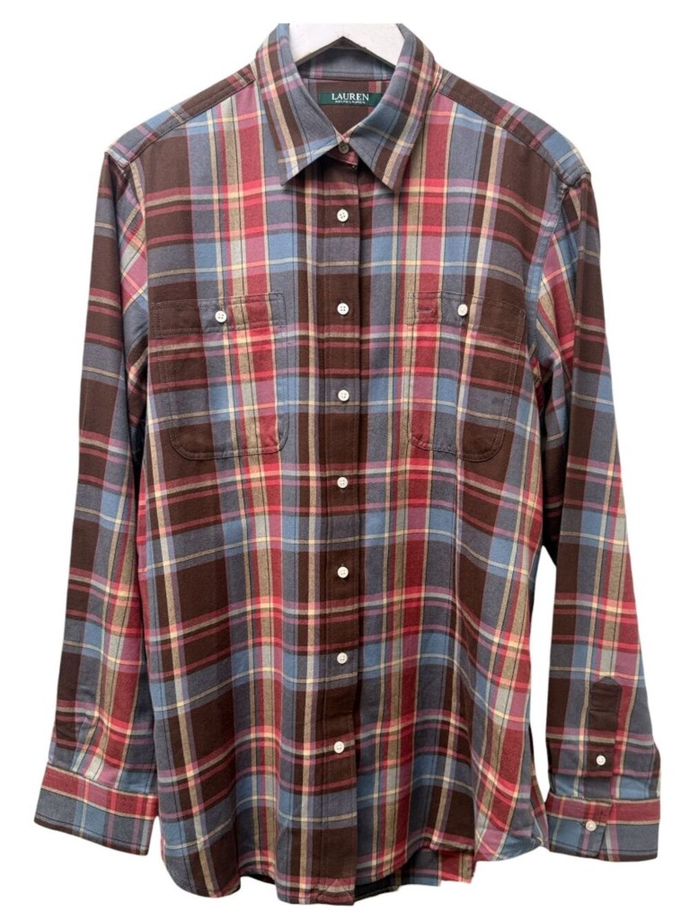 Lauren Ralph Lauren Womens Flannel Shirt XL Brown Blue Plaid Cotton Button Up